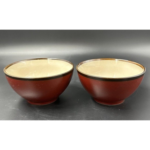 Pier 1 Hand Painted Stoneware Colored Rim Crimson Bowls 6 Inch Diameter Set of 2 - Picture 1 of 7